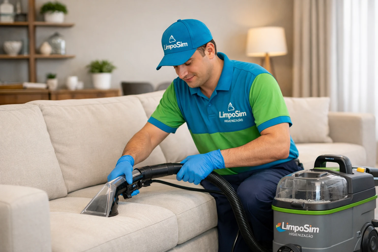 Técnico LimpoSim higienizando sofá em Vila Formosa
